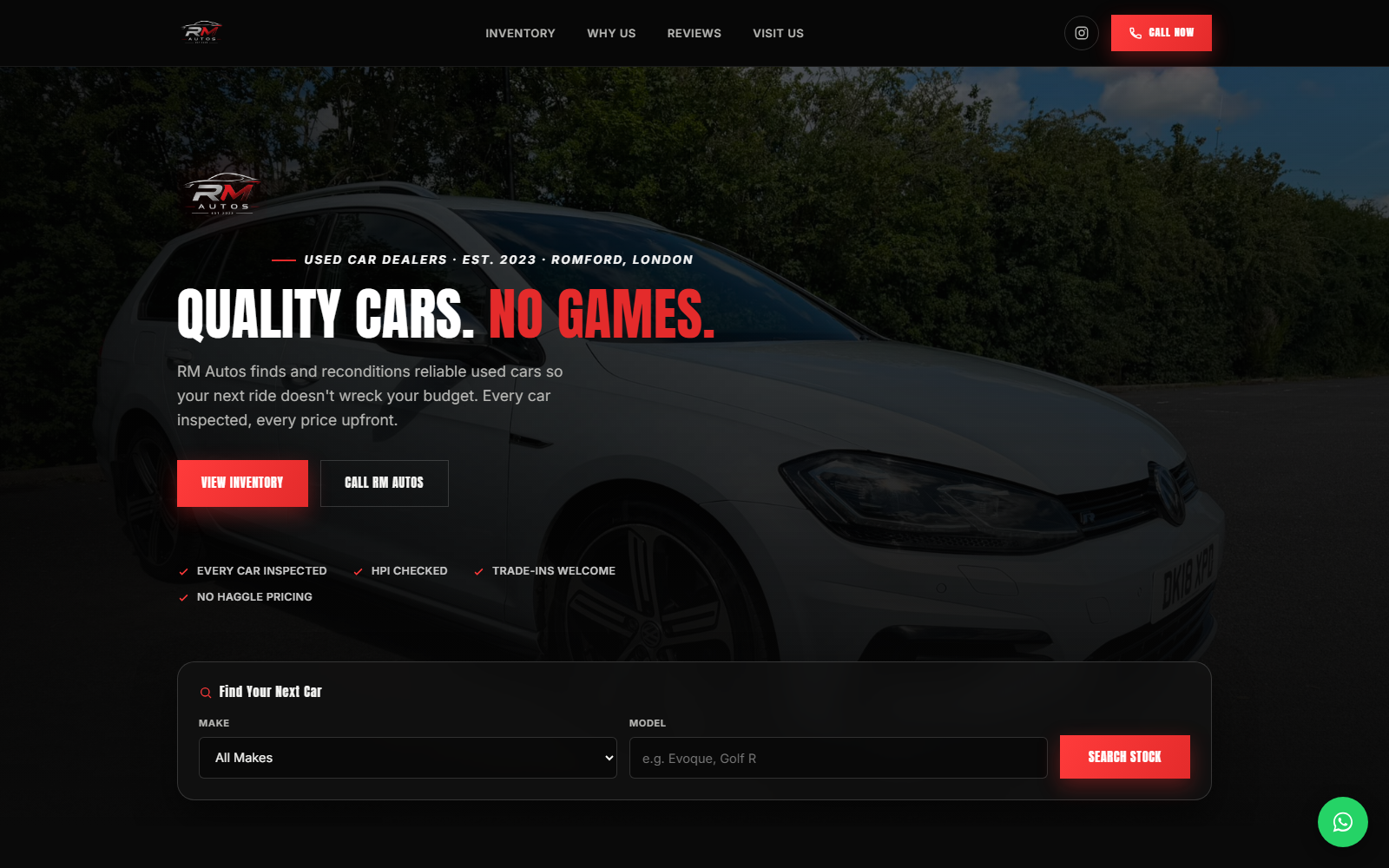 RM Autos homepage hero — dark chrome-and-red used car dealership website with search bar
