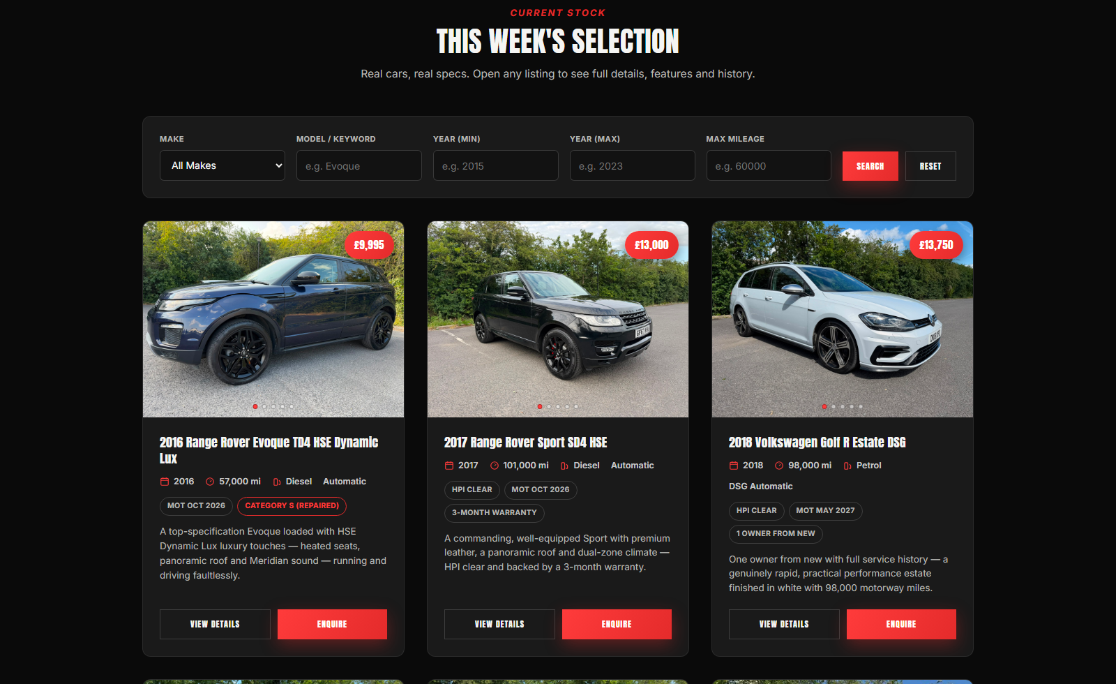 RM Autos inventory grid with search filters and car listing cards